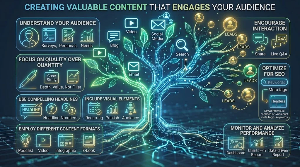 A complex digital infographic of a "Content Growth Engine" tree connected to strategy boxes like audience, quality, visual elements, SEO, and metrics, ending in lead generation.