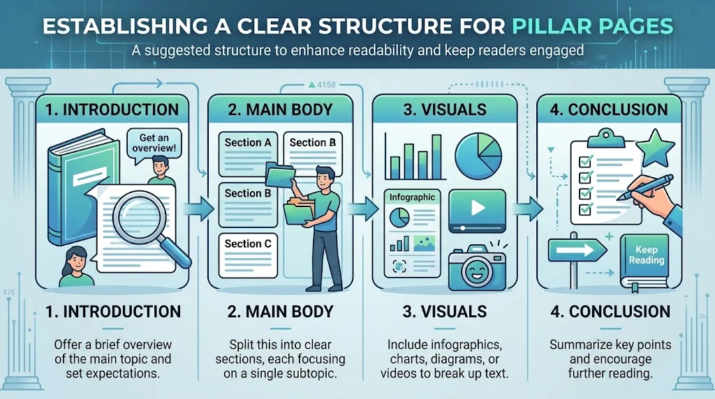 An infographic titled "Establishing a Clear Structure for Pillar Pages" outlining four key sections: 1. Introduction (brief overview), 2. Main Body (clear subtopics), 3. Visuals (infographics, charts, videos), and 4. Conclusion