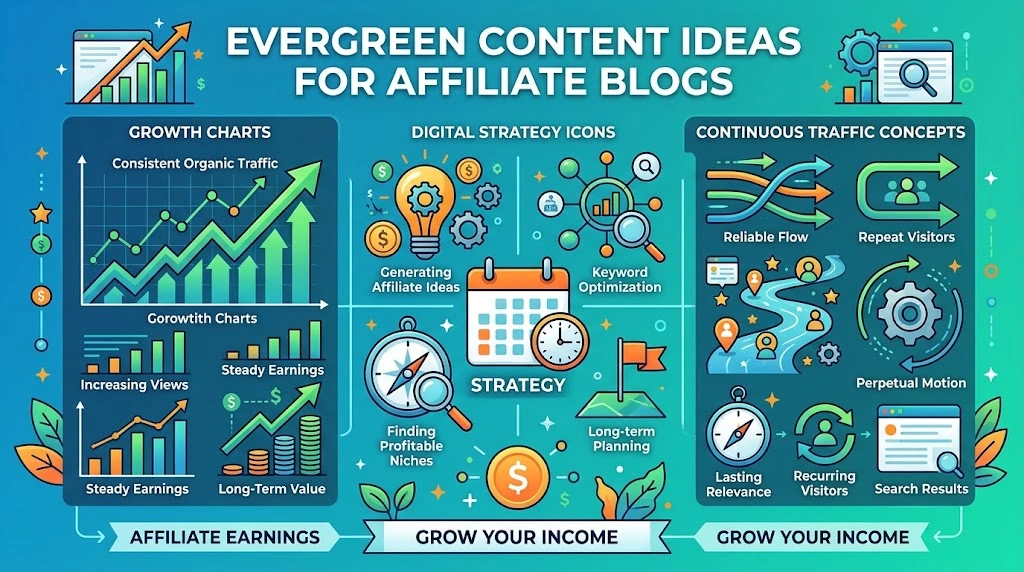 Evergreen Content Ideas for Affiliate Blogs infographic