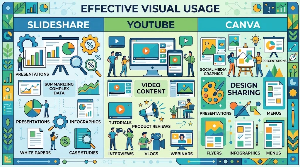 Infographic illustrating effective visual usage on SlideShare, YouTube, and Canva.