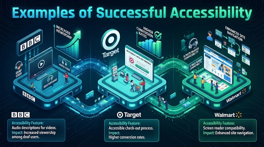 Infographic titled 'Examples of Successful Accessibility' illustrating case studies for BBC (audio descriptions, increased viewership), Target (accessible check-out, higher conversions), and Walmart (screen reader compatibility, enhanced navigation)