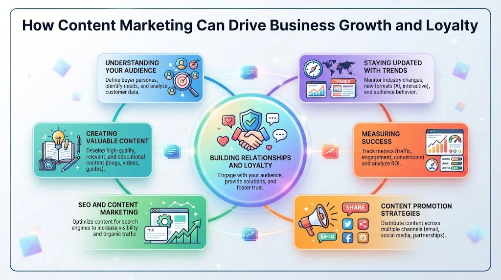 Infographic titled 'How Content Marketing Can Drive Business Growth and Loyalty' featuring seven core strategies: Understanding Your Audience, Creating Valuable Content, SEO and Content Marketing, Building Relationships and Loyalty, Content Promotion Strategies, Measuring Success, and Staying Updated with Trends.