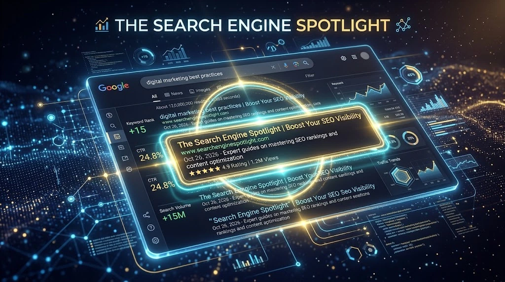 Sleek digital 3D concept of a Search Engine Results Page with a glowing search result snippet and the text overlay "The Search Engine Spotlight".