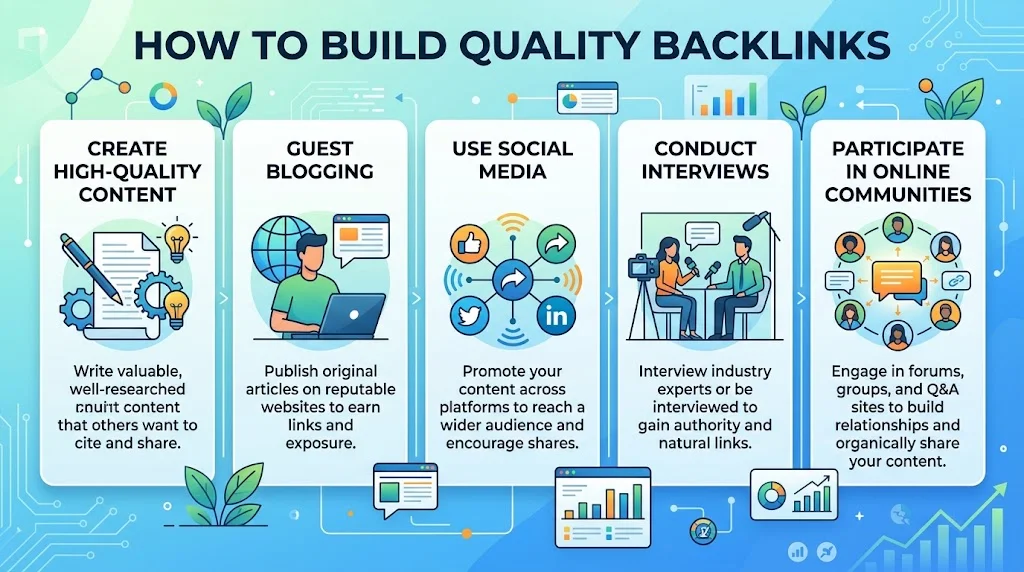 "Infographic titled 'How to Build Quality Backlinks' outlining five key strategies: creating high-quality content, guest blogging, using social media, conducting expert interviews, and participating in online communities."