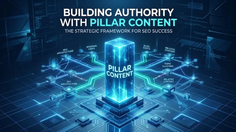 High-tech 3D network graphic showing a glowing central pillar labeled "PILLAR CONTENT" connected to subtopic clusters, with headline text reading "BUILDING AUTHORITY WITH PILLAR CONTENT".