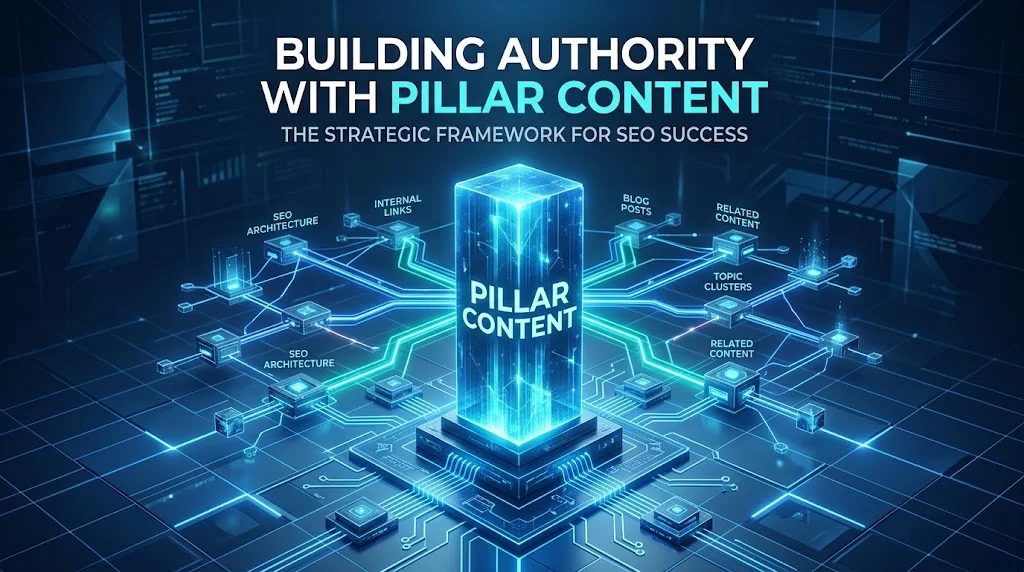 High-tech 3D network graphic showing a glowing central pillar labeled "PILLAR CONTENT" connected to subtopic clusters, with headline text reading "BUILDING AUTHORITY WITH PILLAR CONTENT".