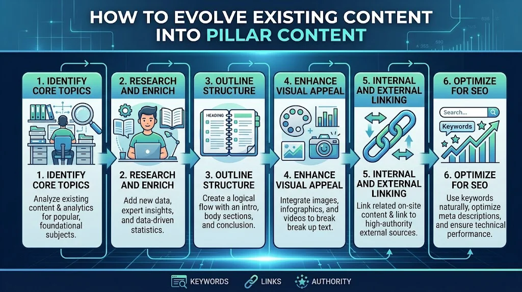 Infographic titled "How to Evolve Existing Content into Pillar Content" outlining six steps: identify core topics, research and enrich, outline structure, enhance visual appeal, internal and external linking, and optimize for SEO.