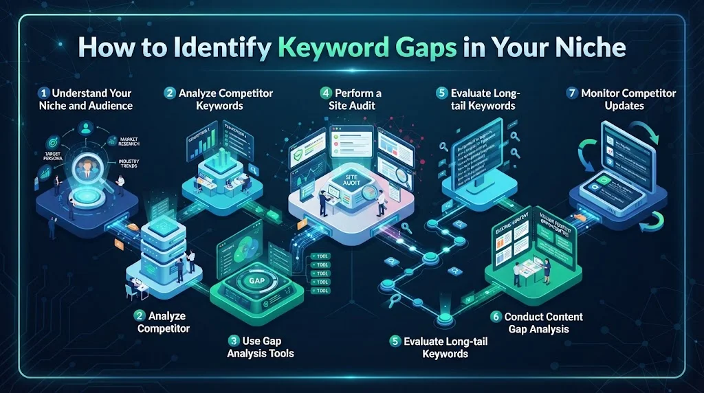 Infographic titled 'How to Identify Keyword Gaps in Your Niche' displaying seven strategic steps: understanding audience, analyzing competitor keywords, using gap analysis tools, auditing sites, evaluating long-tail keywords, conducting content gap analysis, and monitoring updates.