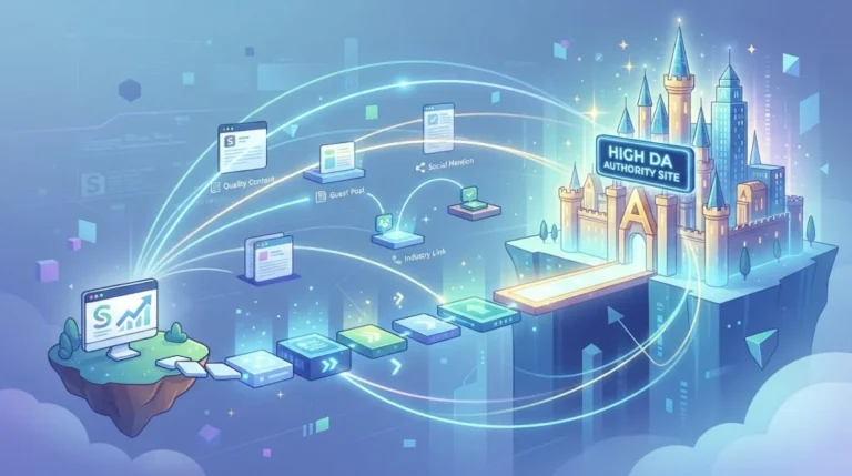 Conceptual illustration showing a small website island connected by a glowing bridge and data lines to a large "High DA Authority Site" castle, representing SEO link-building strategies.