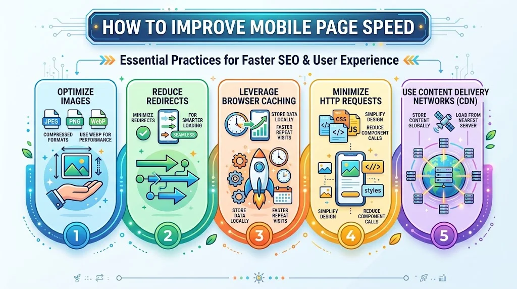 Infographic titled 'How to Improve Mobile Page Speed' featuring five numbered steps: optimize images, reduce redirects, leverage browser caching, minimize HTTP requests, and use Content Delivery Networks (CDN).