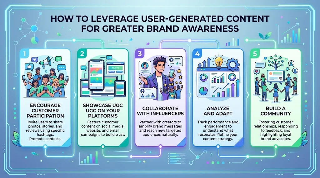 "An infographic titled 'How to Leverage User-Generated Content for Greater Brand Awareness,' detailing five strategic steps: encourage participation, showcase UGC, collaborate with influencers, analyze and adapt, and build a community."