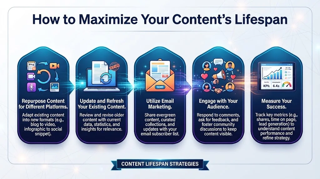 Infographic titled 'How to Maximize Your Content's Lifespan' outlining five core strategies: Repurpose Content for Different Platforms, Update and Refresh Your Existing Content, Utilize Email Marketing, Engage with Your Audience, and Measure Your Success.
