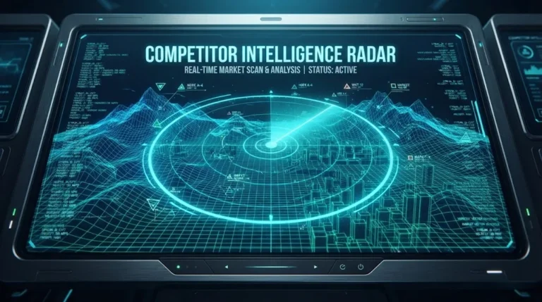 A futuristic 3D radar interface scanning a digital landscape with glowing cyan gridlines, target markers, and data streams, titled 'Competitor Intelligence Radar