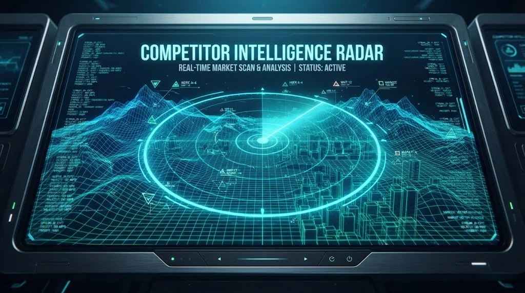 A futuristic 3D radar interface scanning a digital landscape with glowing cyan gridlines, target markers, and data streams, titled 'Competitor Intelligence Radar