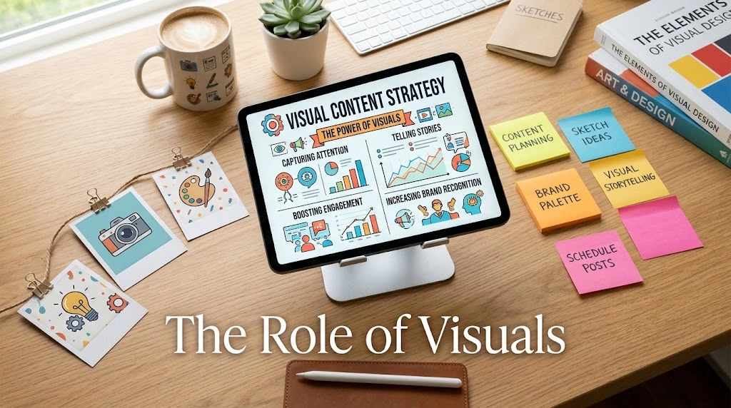 Flat-lay desk setup featuring design tools, a tablet displaying a visual content strategy infographic, polaroid photos, sticky notes, and the text overlay 'The Role of Visuals'.
