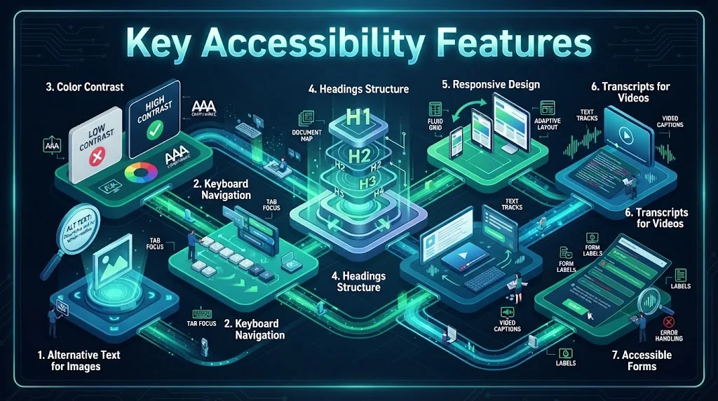 An intricate isometric infographic titled 'Key Accessibility Features' illustrating seven essential elements: Alternative Text, Keyboard Navigation, Color Contrast, Headings Structure, Responsive Design, Transcripts for Videos, and Accessible Forms, all linked by flowing data streams in deep blue and emerald green