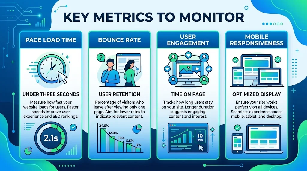 "Infographic titled 'Key Metrics to Monitor' covering four essential website performance indicators: page load time, bounce rate, user engagement, and mobile responsiveness."
