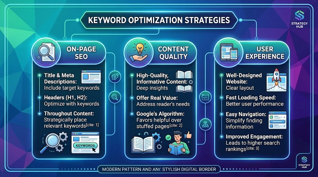 Infographic detailing Keyword Optimization Strategies across three pillars: On-Page SEO, Content Quality, and User Experience.