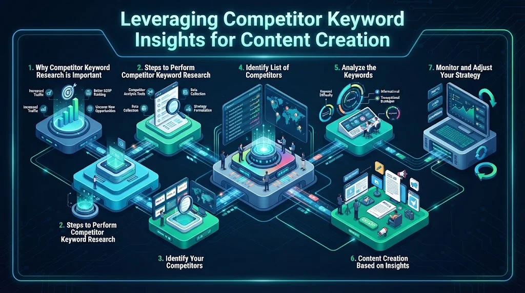 Infographic titled 'Leveraging Competitor Keyword Insights for Content Creation' illustrating steps from understanding importance and identifying competitors to analyzing keywords, creating content, and monitoring performance.