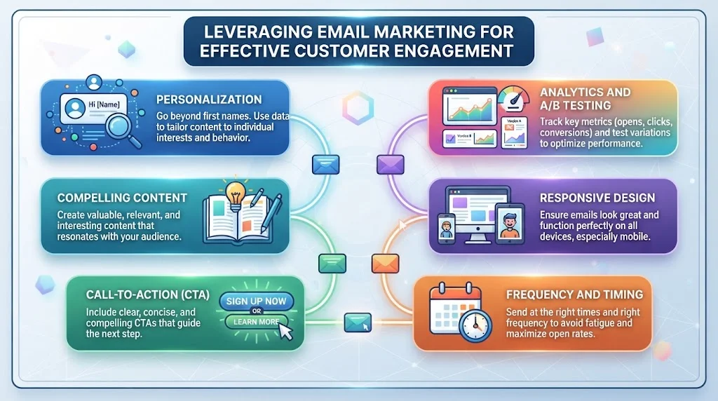 Infographic titled 'Leveraging Email Marketing for Effective Customer Engagement' detailing six core strategies: Personalization, Compelling Content, Call-to-Action (CTA), Frequency and Timing, Responsive Design, and Analytics and A/B Testing.