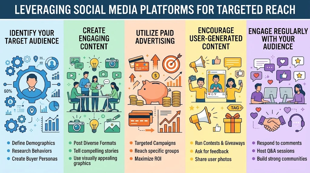 Infographic detailing social media strategies for targeted reach, covering target audience identification, engaging content, paid ads, user-generated content, and engagement.