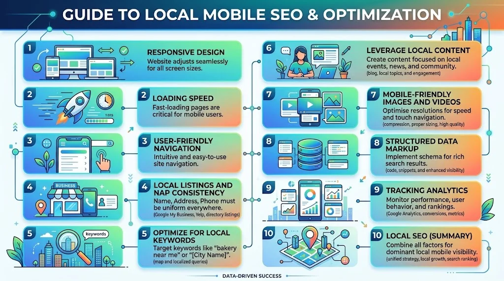Infographic titled 'Guide to Local Mobile SEO & Optimization' illustrating ten key practices including responsive design, loading speed, local listings, and structured data.