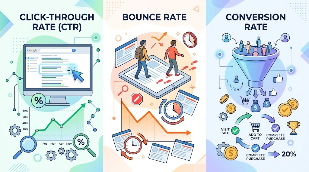 Infographic illustrating key performance metrics for meta descriptions, including Click-Through Rate (CTR), Bounce Rate, and Conversion Rate.