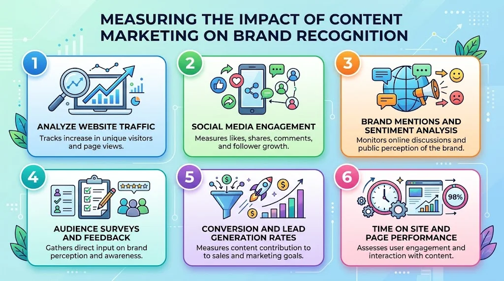 "Infographic titled 'Measuring the Impact of Content Marketing on Brand Recognition' detailing six tracking approaches: website traffic analysis, social media engagement, brand mentions and sentiment analysis, audience surveys, conversion and lead rates, and time on site performance."