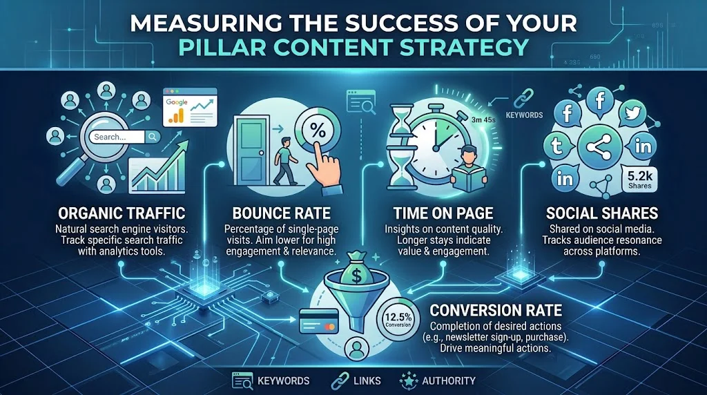 Infographic titled "Measuring the Success of Your Pillar Content Strategy" outlining five key performance metrics: organic traffic, bounce rate, time on page, social shares, and conversion rate.