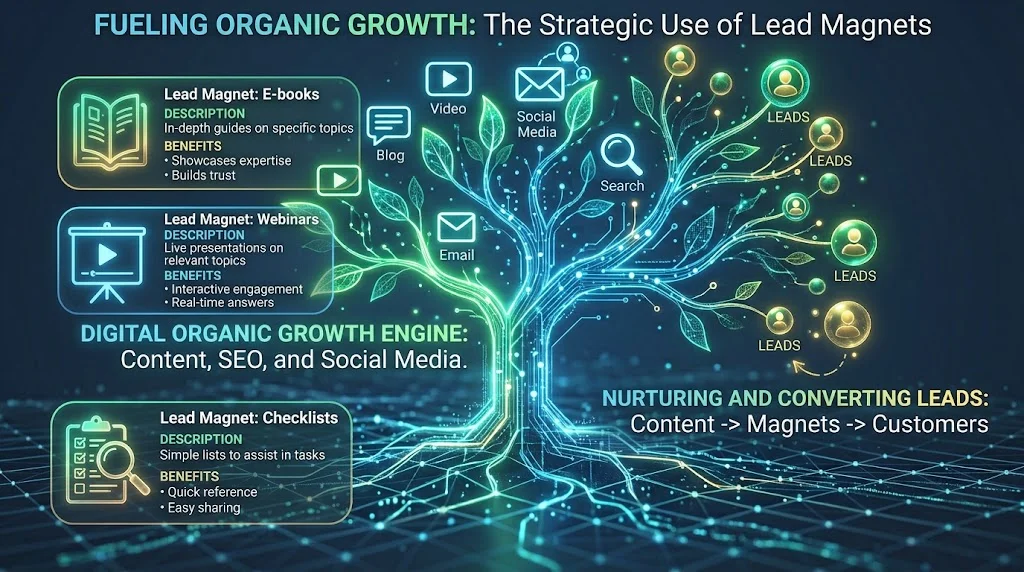 An infographic displaying lead magnet types with their descriptions and benefits against a high-tech network background.