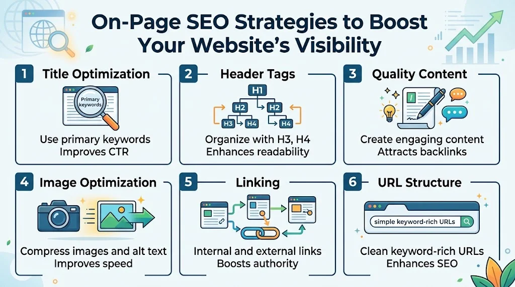 "Infographic titled 'On-Page SEO Strategies to Boost Your Website's Visibility' detailing six core techniques: Title Optimization, Header Tags, Quality Content, Image Optimization, Linking, and URL Structure."