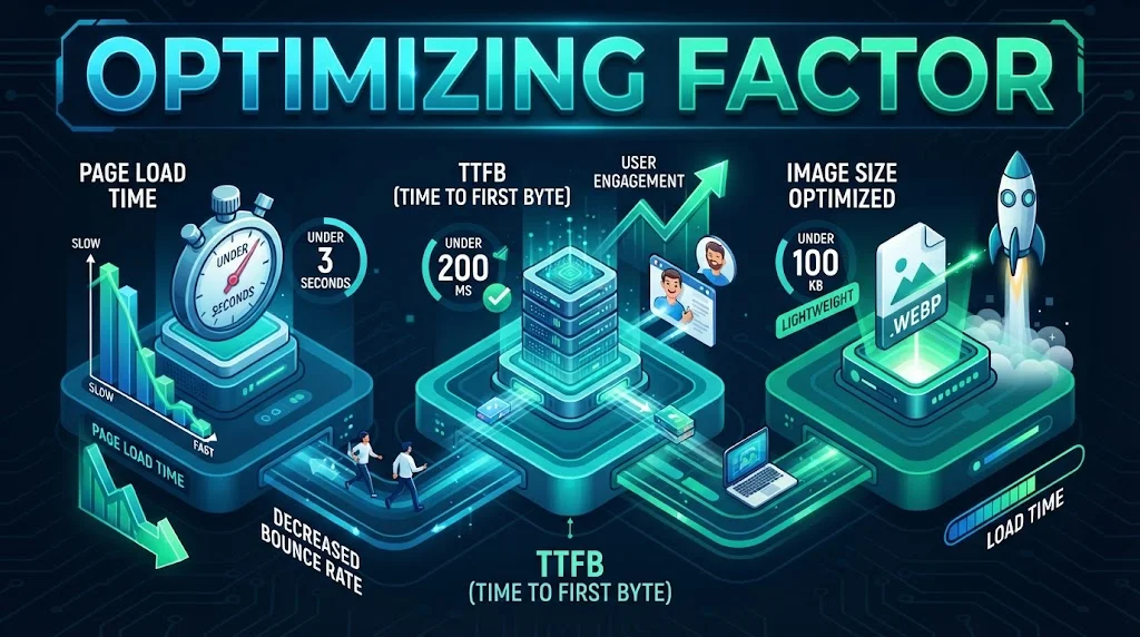 Infographic titled 'Optimizing Factor' highlighting performance targets and user experience impacts for page load time, TTFB, and image size.