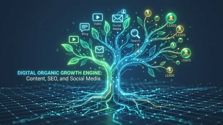A digital glowing tree with data roots and media icons representing a growth engine.