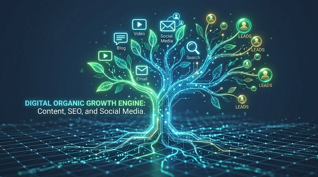 A digital glowing tree with data roots and media icons representing a growth engine.