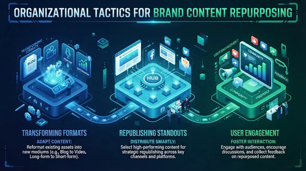 Infographic titled 'Organizational Tactics for Brand Content Repurposing' detailing three core strategies: Transforming Formats, Republishing Standouts, and User Engagement.