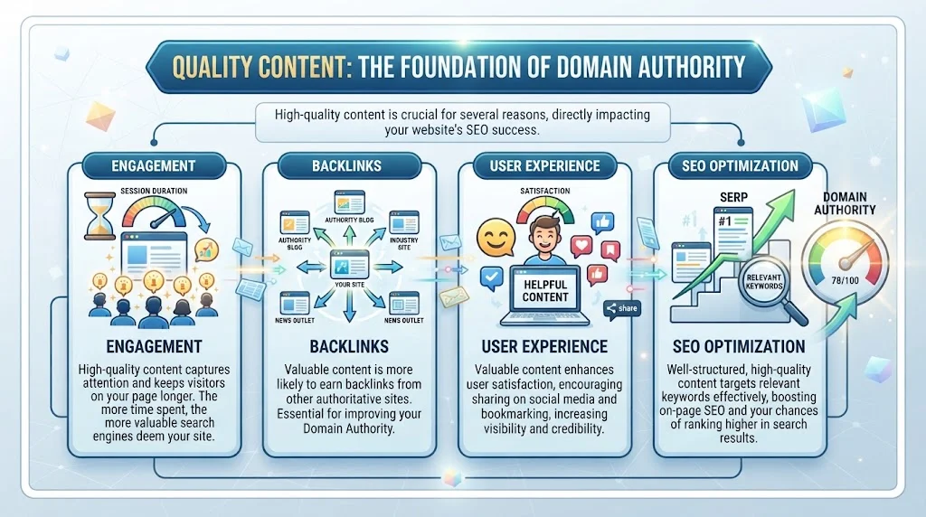 Infographic illustrating the four pillars of quality content for domain authority: Engagement, Backlinks, User Experience, and SEO Optimization, leading to a high Domain Authority score.