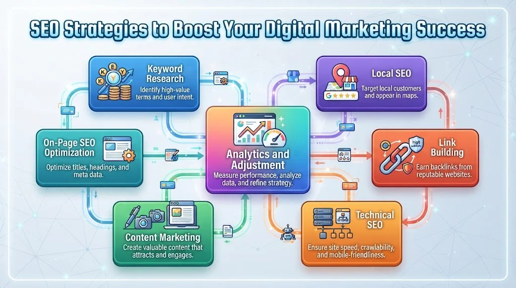 Infographic titled 'SEO Strategies to Boost Your Digital Marketing Success' displaying seven interconnected elements: Keyword Research, On-Page SEO Optimization, Content Marketing, Technical SEO, Link Building, Local SEO, and Analytics and Adjustment.