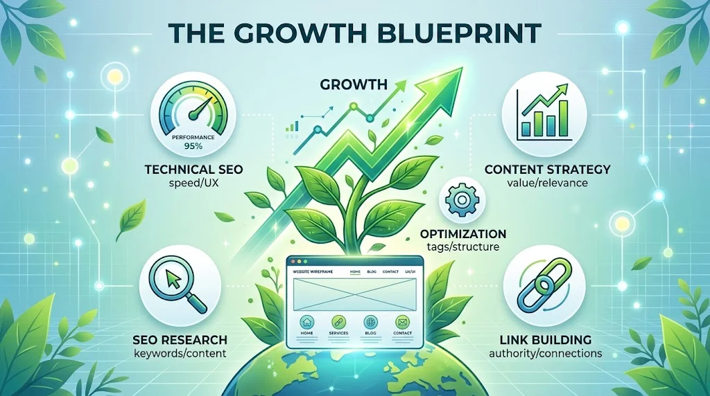 "Conceptual illustration titled 'The Growth Blueprint' featuring a website wireframe, a growing green plant with an upward chart arrow, and floating SEO pillar icons including a speed gauge, magnifying glass, and link chain."