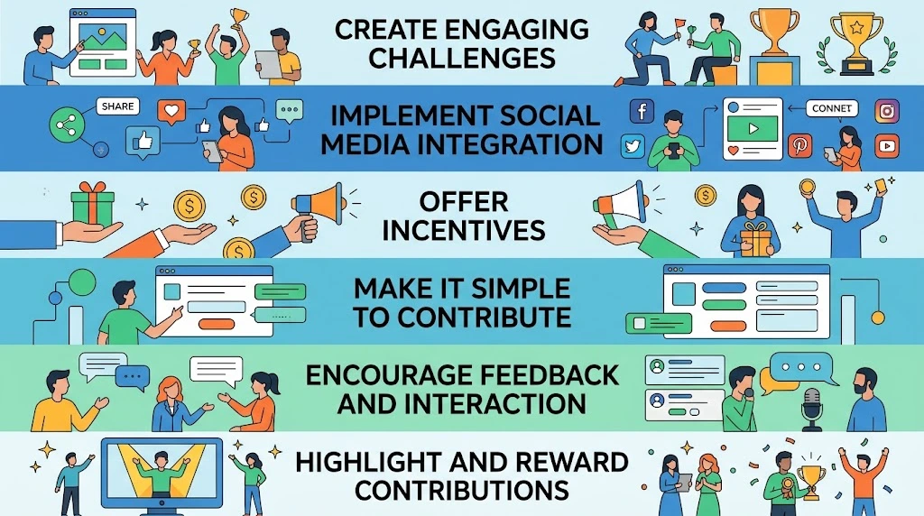 Infographic illustrating techniques for encouraging user-generated content, covering challenges, social media integration, incentives, easy contributions, feedback, and highlighting rewards.