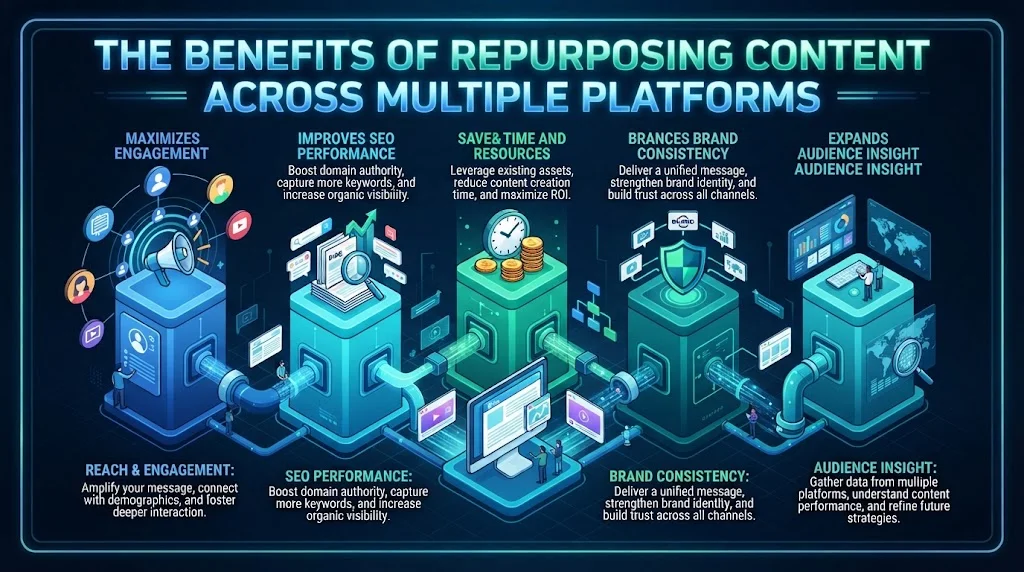 Infographic titled 'The Benefits of Repurposing Content Across Multiple Platforms' highlighting five core advantages: Maximizes Reach and Engagement, Improves SEO Performance, Saves Time and Resources, Enhances Brand Consistency, and Expands Audience Insight.