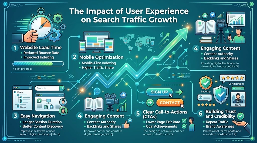 Infographic illustrating six key user experience factors driving search traffic growth: load time, mobile optimization, navigation, content, CTAs, and trust.