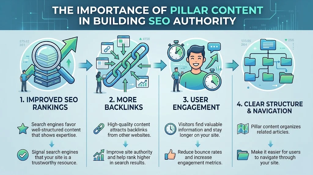 infographic detailing the four key benefits of pillar content for SEO authority: Improved SEO Rankings, More Backlinks, User Engagement, and Clear Structure & Navigation, illustrated with clean icons and text blocks." caption="The Importance of Pillar Content in Building SEO Authority
