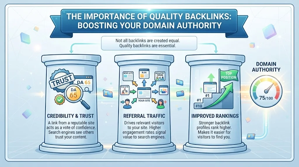 Infographic illustrating 'The Importance of Quality Backlinks' through three pillars: Credibility & Trust (with a DA 65 seal), Referral Traffic (showing visitor flow), and Improved Rankings (showing a step up to position #1), leading to a high Domain Authority gauge.