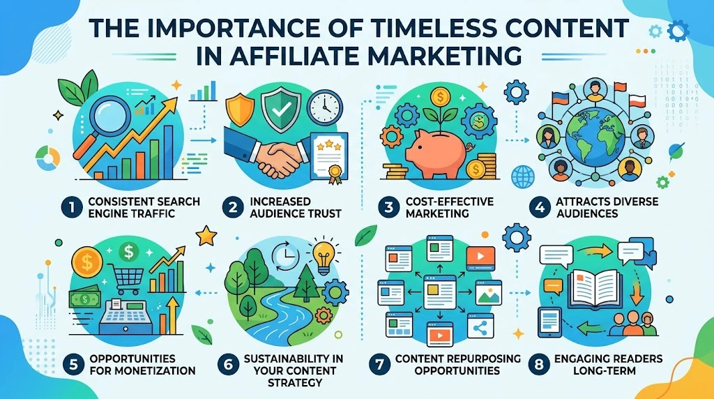 Timeless content importance in affiliate marketing infographic
