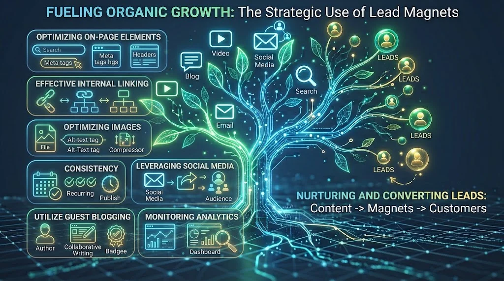 High-tech digital infographic illustrating "FUELING ORGANIC GROWTH" with a central glowing tree of data, network icons, and gold lead clusters, connected to boxes detailing strategies for SEO, linking, imaging, social media, blogging, and analytics.