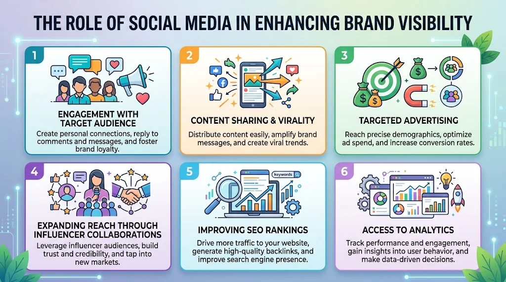 "Infographic titled 'The Role of Social Media in Enhancing Brand Visibility' detailing six key areas: audience engagement, content sharing and virality, targeted advertising, influencer collaborations, SEO improvements, and analytics access."