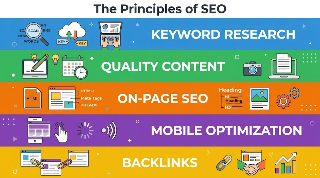 Infographic illustrating the key principles of SEO, including keyword research, quality content, on-page SEO, mobile optimization, and backlinks.