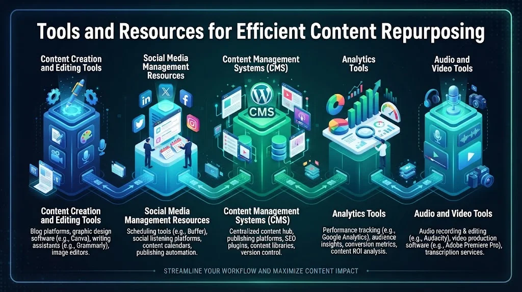Infographic titled 'Tools and Resources for Efficient Content Repurposing' categorizing essential tools into Content Creation and Editing, Social Media Management, Content Management Systems (CMS), Analytics, and Audio and Video Tools.