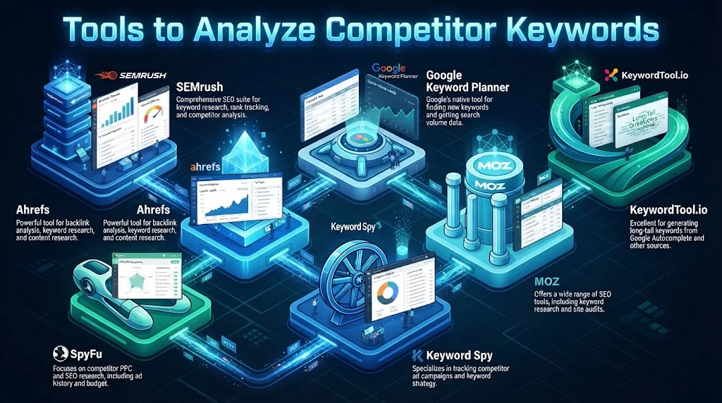 Infographic titled 'Tools to Analyze Competitor Keywords' featuring SEMrush, Ahrefs, SpyFu, Google Keyword Planner, Keyword Spy, Moz, and KeywordTool.io