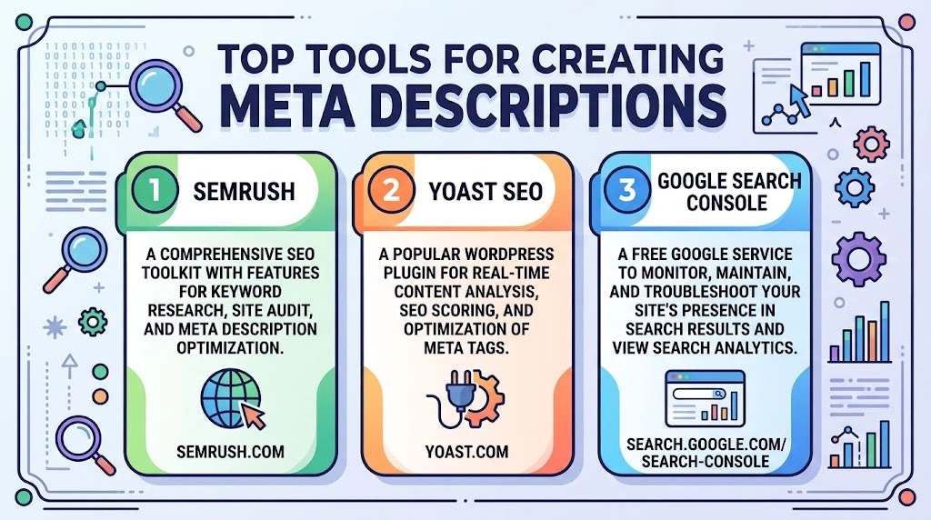 Infographic illustrating top SEO tools for creating and optimizing meta descriptions, including SEMrush, Yoast SEO, and Google Search Console.